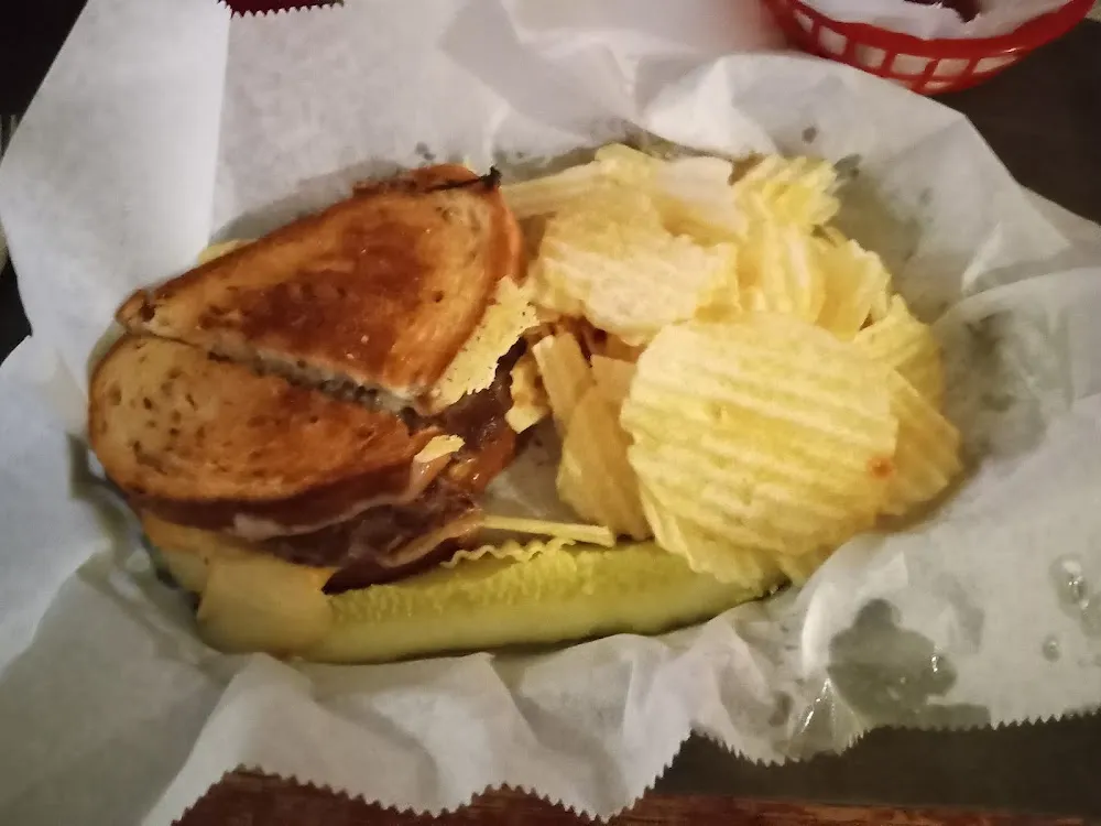 Cheeseburger Melt on Rye with Pickle and Chips
